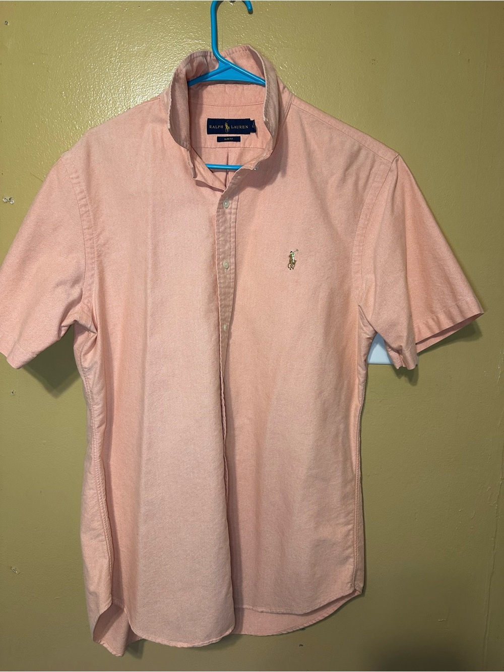 large slim fit. Ralph Lauren Short-Sleeve Button-Down Shirt in Peach.